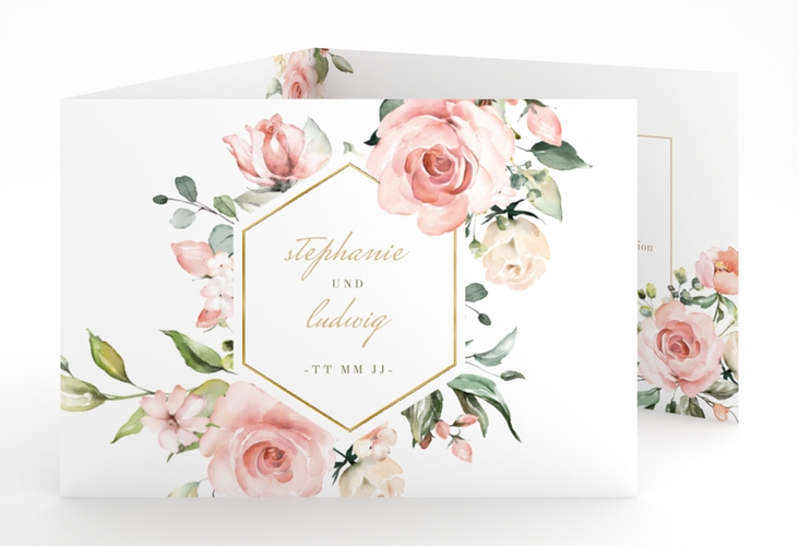 Hochzeitseinladung Graceful A6 Doppel-Klappkarte weiss gold mit Rosenblüten in Rosa und Weiß