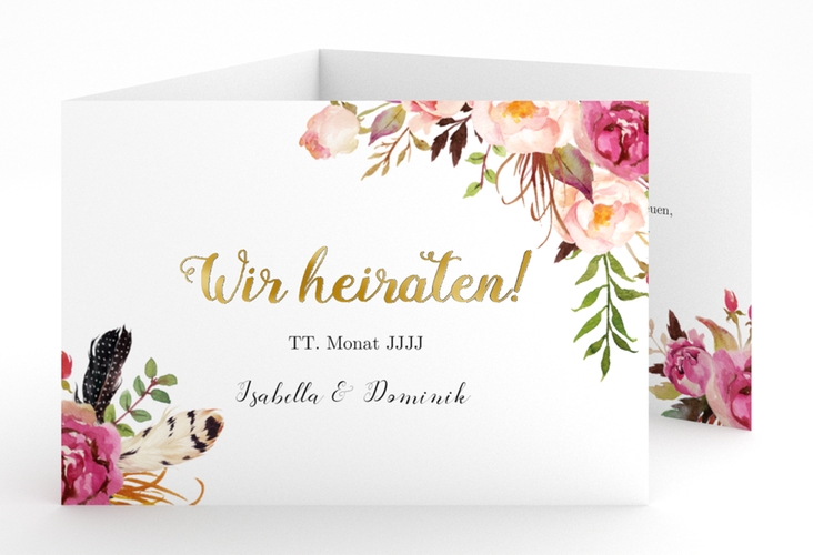 Hochzeitseinladung Flowers A6 Doppel-Klappkarte weiss gold mit bunten Aquarell-Blumen