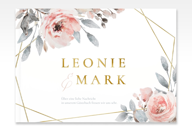 Gästebuch A4 quer Perfection A4 quer, Hardcover weiss gold mit rosa Rosen