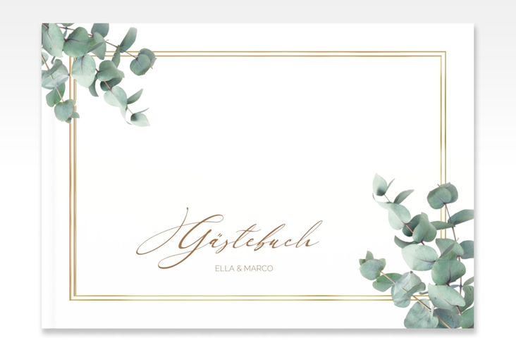 Gästebuch A4 quer Eucalypt A4 quer, Hardcover weiss gold mit Eukalyptus und edlem Rahmen