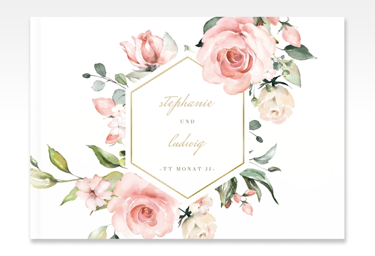 Gästebuch A4 quer Graceful A4 quer, Hardcover weiss gold mit Rosenblüten in Rosa und Weiß