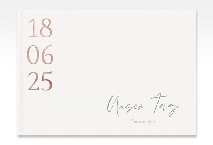 Gästebuch A4 quer Day A4 quer, Hardcover weiss rosegold mit Datum im minimalistischen Design