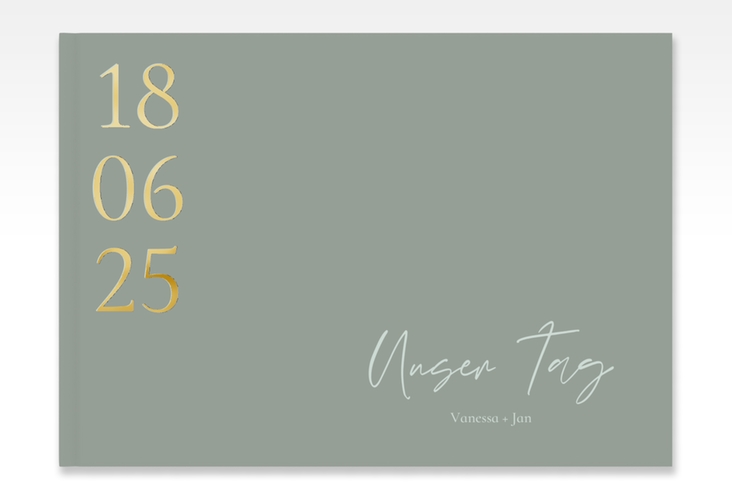 Gästebuch A4 quer Day A4 quer, Hardcover gruen gold mit Datum im minimalistischen Design