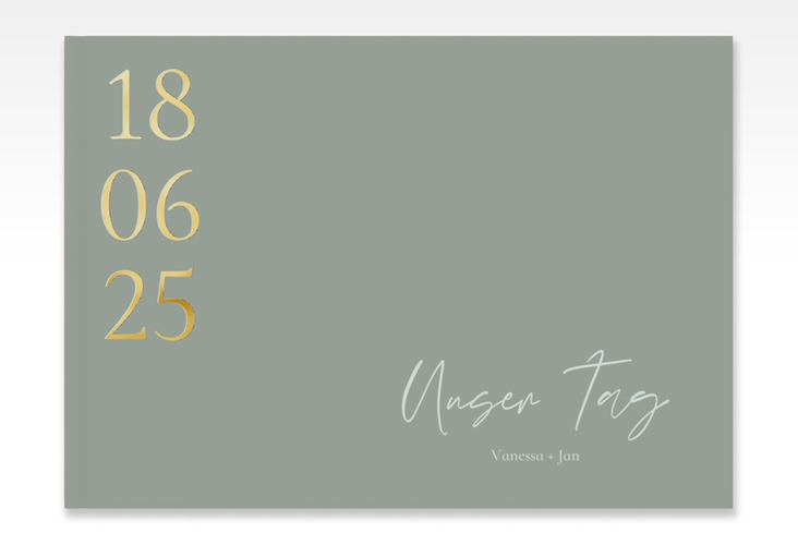 Gästebuch A4 quer Day A4 quer, Hardcover gruen gold mit Datum im minimalistischen Design