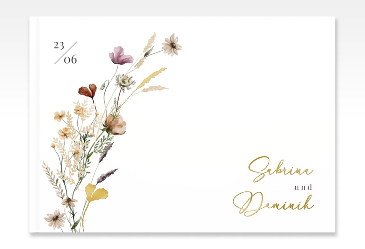 Gästebuch A4 quer Sauvages A4 quer, Hardcover weiss gold mit getrockneten Wiesenblumen