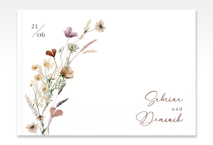 Gästebuch A4 quer Sauvages A4 quer, Hardcover weiss rosegold mit getrockneten Wiesenblumen