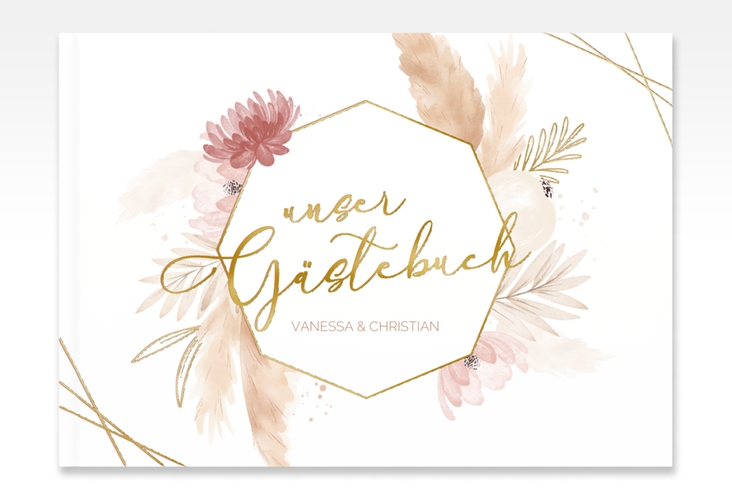 Gästebuch A4 quer Bohostyle A4 quer, Hardcover beige gold mit Pampasgras in Aquarell