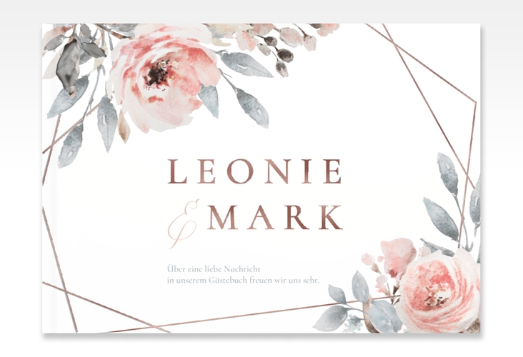 Gästebuch A4 quer Perfection A4 quer, Hardcover weiss rosegold mit rosa Rosen