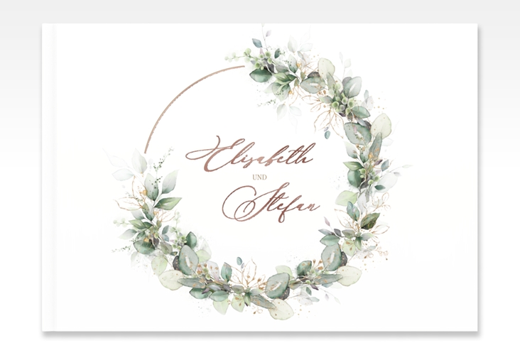 Gästebuch A4 quer Selvatica A4 quer, Hardcover weiss rosegold mit Eukalyptus-Kranz
