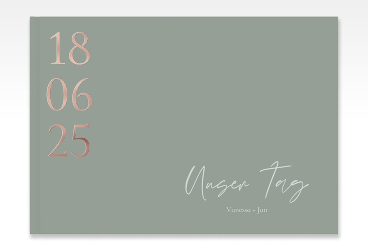 Gästebuch A4 quer Day A4 quer, Hardcover gruen rosegold mit Datum im minimalistischen Design