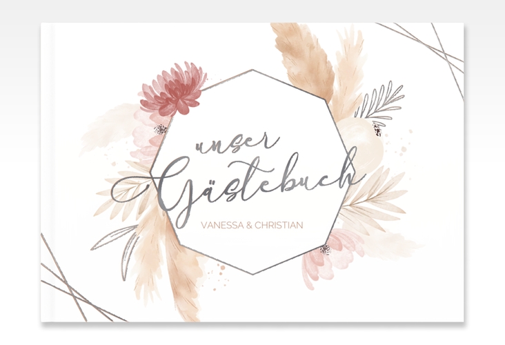 Gästebuch A4 quer Bohostyle A4 quer, Hardcover beige silber mit Pampasgras in Aquarell