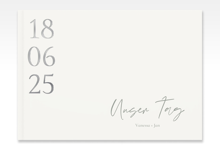 Gästebuch A4 quer Day A4 quer, Hardcover weiss silber mit Datum im minimalistischen Design