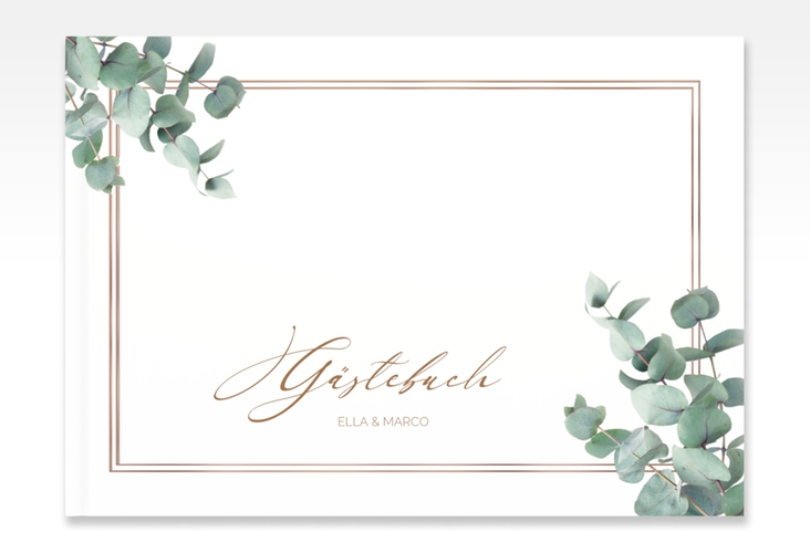 Gästebuch A4 quer Eucalypt A4 quer, Hardcover weiss rosegold mit Eukalyptus und edlem Rahmen