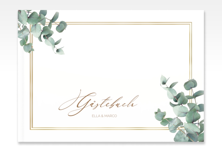 Gästebuch A4 quer Eucalypt A4 quer, Hardcover weiss gold mit Eukalyptus und edlem Rahmen
