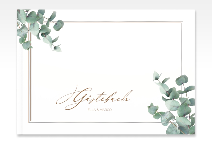 Gästebuch A4 quer Eucalypt A4 quer, Hardcover weiss silber mit Eukalyptus und edlem Rahmen