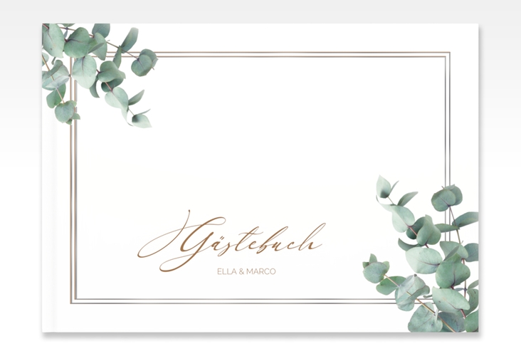 Gästebuch A4 quer Eucalypt A4 quer, Hardcover weiss silber mit Eukalyptus und edlem Rahmen