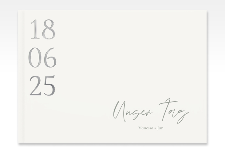 Gästebuch A4 quer Day A4 quer, Hardcover weiss silber mit Datum im minimalistischen Design