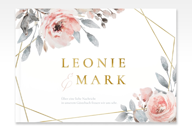 Gästebuch A4 quer Perfection A4 quer, Hardcover weiss gold mit rosa Rosen
