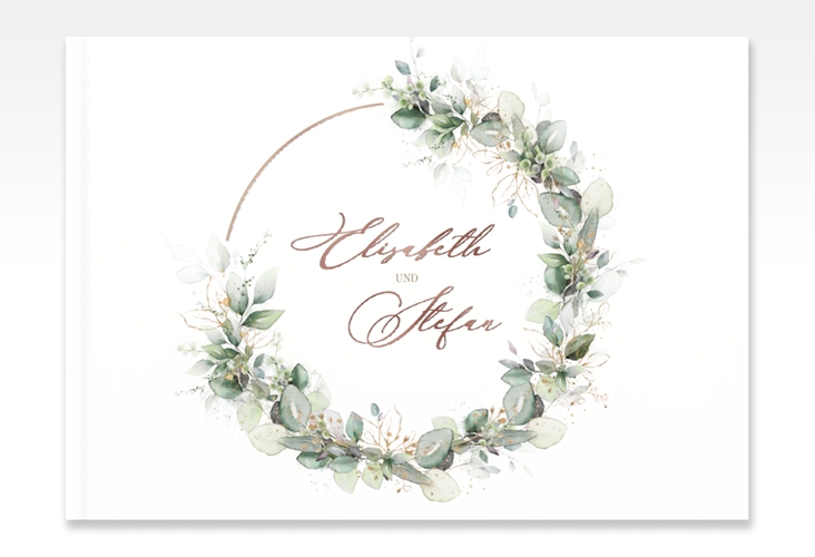 Gästebuch A4 quer Selvatica A4 quer, Hardcover weiss rosegold mit Eukalyptus-Kranz