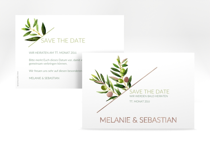 Save the Date-Karte Olivenzweig A6 Karte quer weiss rosegold