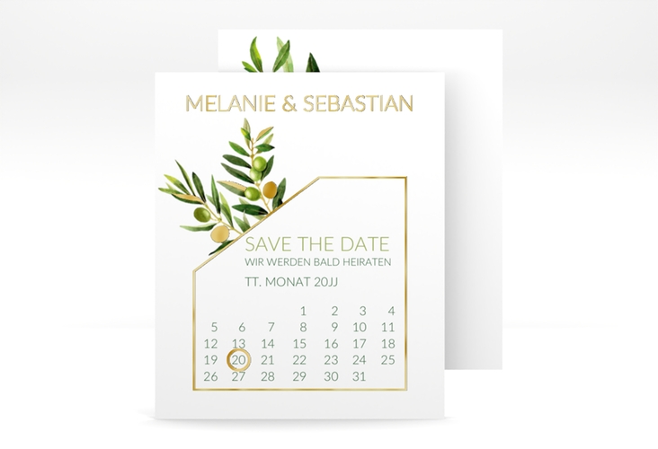 Save the Date-Kalenderblatt Olivenzweig Kalenderblatt-Karte weiss gold