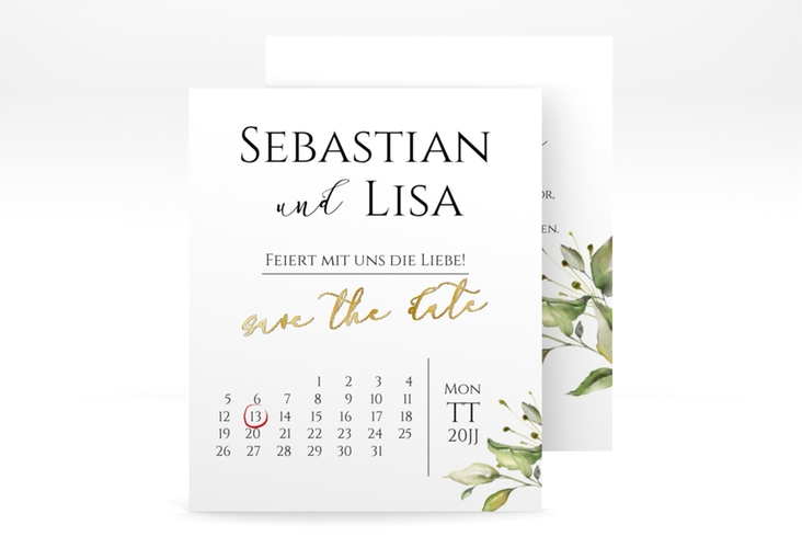 Save the Date-Kalenderblatt Leaves Kalenderblatt-Karte weiss gold