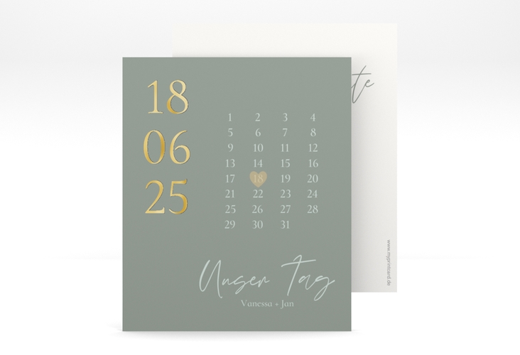 Save the Date-Kalenderblatt Day Kalenderblatt-Karte gruen gold mit Datum im minimalistischen Design