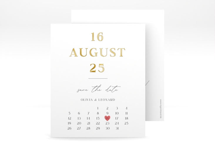 Save the Date-Kalenderblatt Authentisch Kalenderblatt-Karte weiss gold in schlichtem Design mit großem Hochzeitsdatum