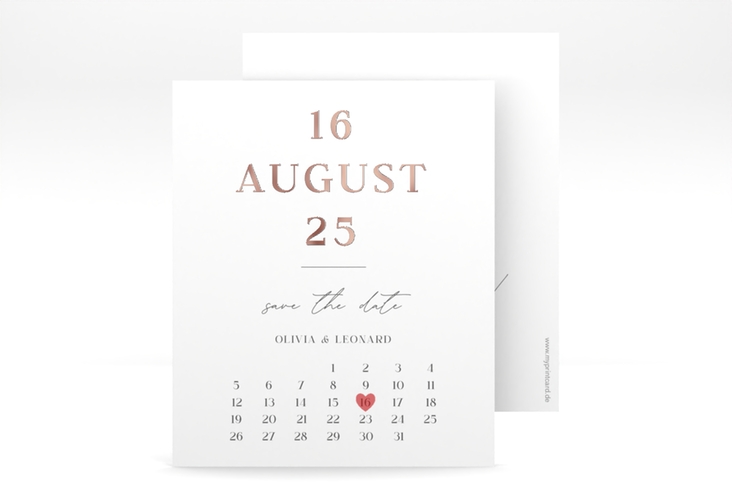 Save the Date-Kalenderblatt Authentisch Kalenderblatt-Karte weiss rosegold in schlichtem Design mit großem Hochzeitsdatum