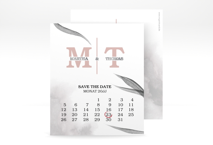 Save the Date-Kalenderblatt Initialen Kalenderblatt-Karte weiss silber