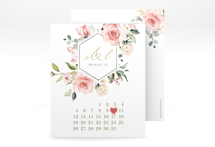 Save the Date-Kalenderblatt Graceful Kalenderblatt-Karte weiss silber mit Rosenblüten in Rosa und Weiß