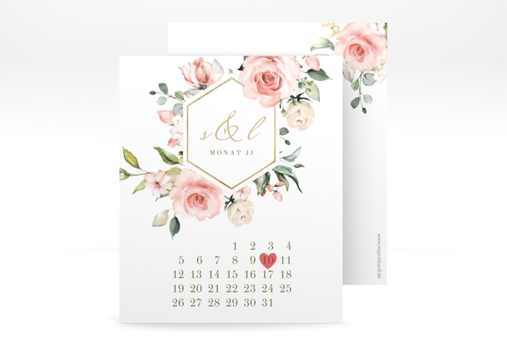 Save the Date-Kalenderblatt Graceful Kalenderblatt-Karte weiss gold mit Rosenblüten in Rosa und Weiß