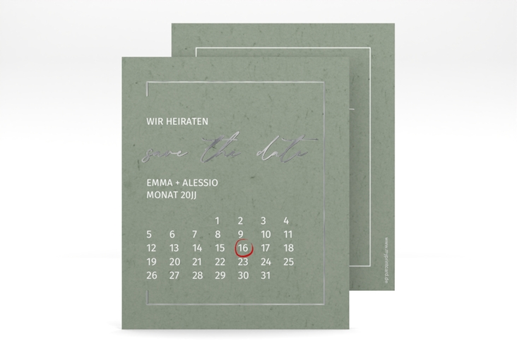 Save the Date-Kalenderblatt Simple Line Kalenderblatt-Karte gruen silber