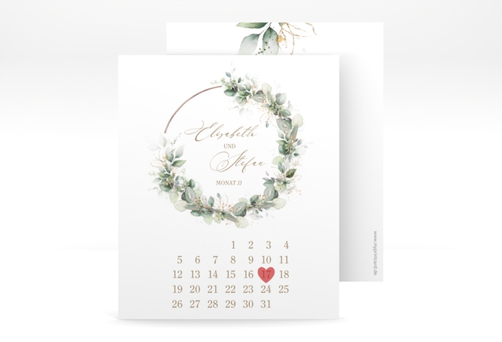 Save the Date-Kalenderblatt Selvatica Kalenderblatt-Karte weiss rosegold mit Eukalyptus-Kranz