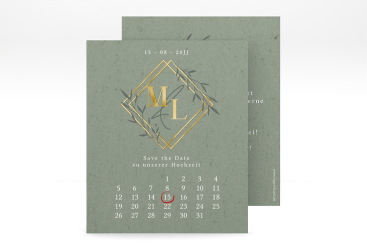 Save the Date-Kalenderblatt Greenletter Kalenderblatt-Karte gruen gold mit Initialen in elegantem Goldrahmen mit Blättern