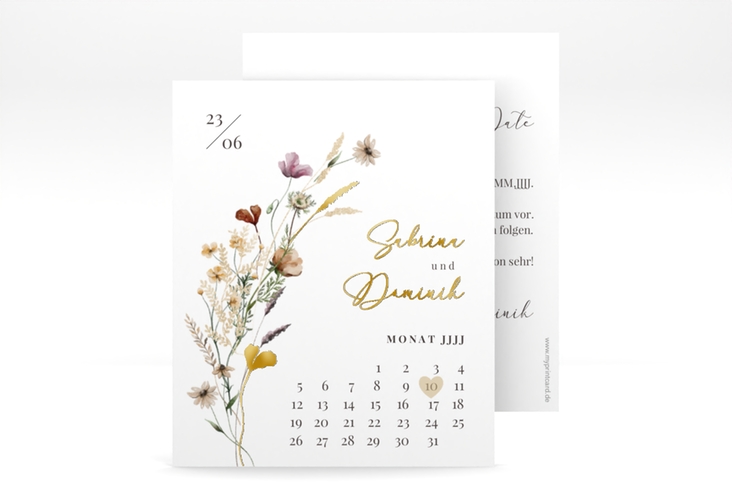 Save the Date-Kalenderblatt Sauvages Kalenderblatt-Karte weiss gold mit getrockneten Wiesenblumen