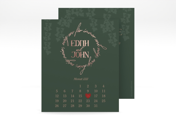 Save the Date-Kalenderblatt Efeugrün Kalenderblatt-Karte gruen rosegold im Fantasy-Elfen-Design mit Efeu