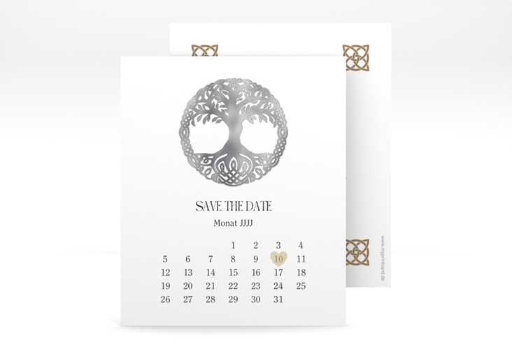 Save the Date-Kalenderblatt Lebensbaum Kalenderblatt-Karte weiss silber im Stil der Kelten und Wikinger