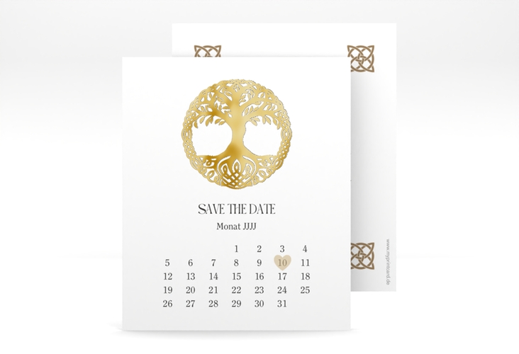 Save the Date-Kalenderblatt Lebensbaum Kalenderblatt-Karte weiss gold im Stil der Kelten und Wikinger