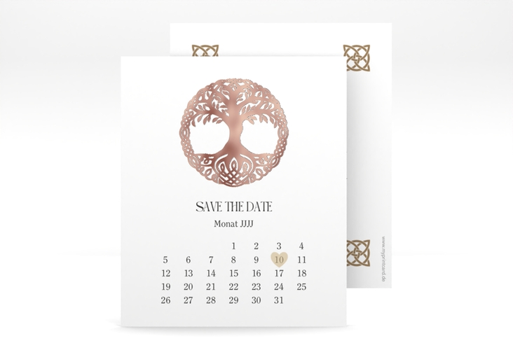 Save the Date-Kalenderblatt Lebensbaum Kalenderblatt-Karte weiss rosegold im Stil der Kelten und Wikinger