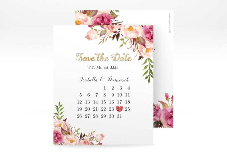 Save the Date-Kalenderblatt Flowers Kalenderblatt-Karte weiss gold mit bunten Aquarell-Blumen