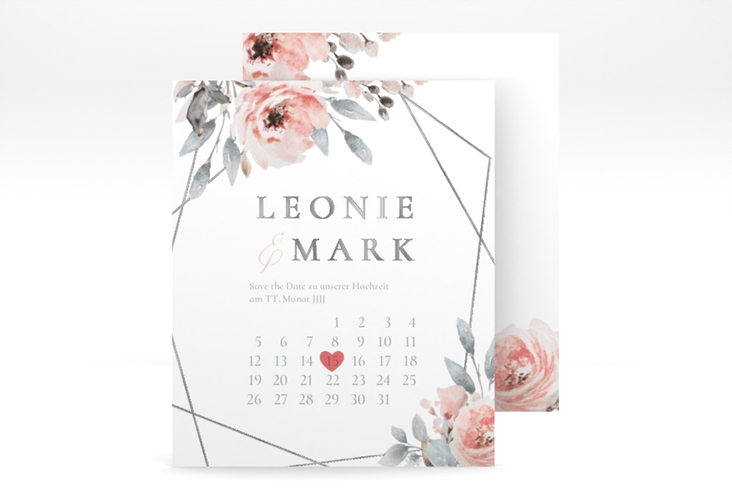 Save the Date-Kalenderblatt Perfection Kalenderblatt-Karte weiss silber mit rosa Rosen