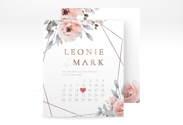 Save the Date-Kalenderblatt Perfection Kalenderblatt-Karte weiss rosegold mit rosa Rosen