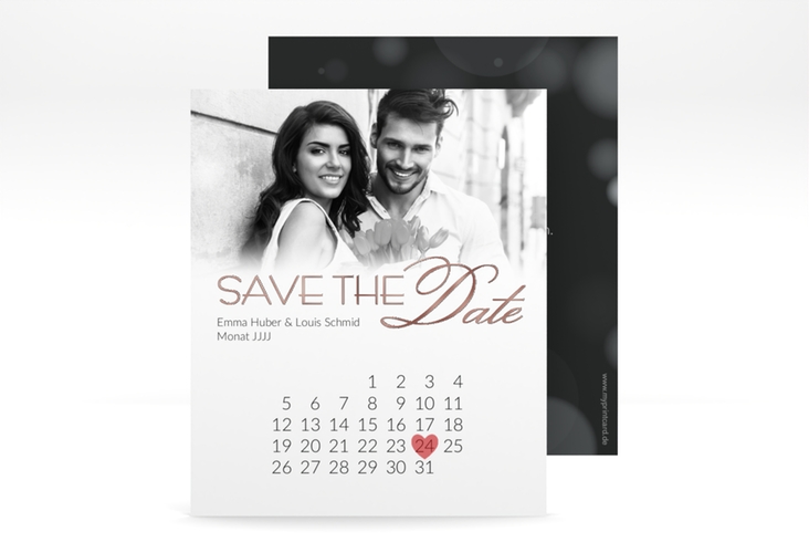 Save the Date-Kalenderblatt Bokeh Kalenderblatt-Karte weiss rosegold