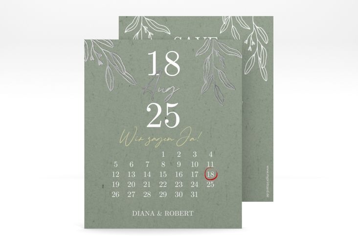 Save the Date-Kalenderblatt Greendate Kalenderblatt-Karte gruen silber im Greenery-Design mit Holz, Eukalyptus und Immergrün