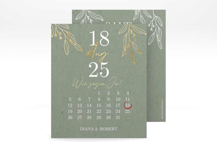 Save the Date-Kalenderblatt Greendate Kalenderblatt-Karte gruen gold im Greenery-Design mit Holz, Eukalyptus und Immergrün