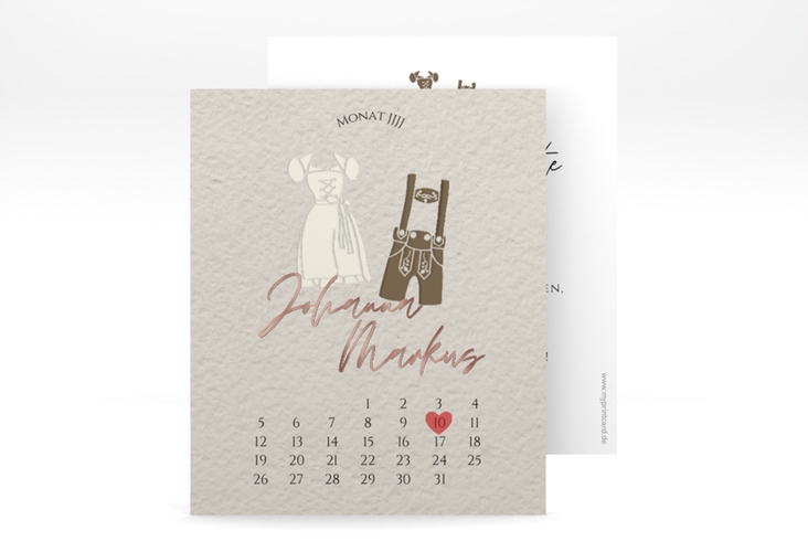Save the Date-Kalenderblatt Trachtenhochzeit Kalenderblatt-Karte beige rosegold mit Dirndl und Lederhose