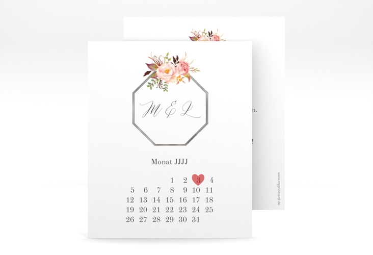 Save the Date-Kalenderblatt Prachtvoll Kalenderblatt-Karte weiss silber