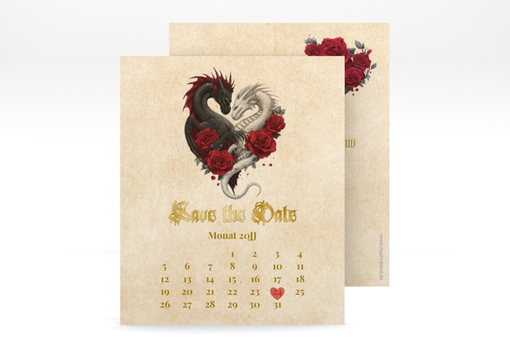Save the Date-Kalenderblatt Drachenliebe Kalenderblatt-Karte beige gold mit schwarzem und weißem Drachen zu einem Herz verschlungen