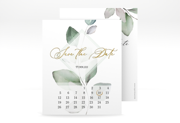 Save the Date-Kalenderblatt Foglia Kalenderblatt-Karte weiss gold edel mit Eukalyptus im Aquarell-Design
